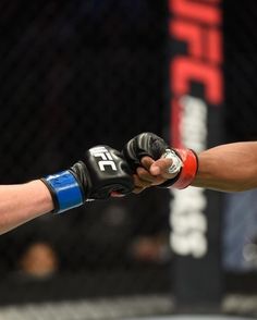 two men in black and blue boxing gloves are facing each other with their hands together