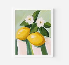 a painting of lemons and flowers in a vase