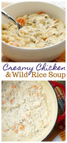 creamy chicken and wild rice soup in a white bowl