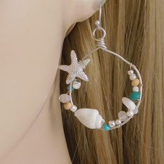 Silver Wire French Hook Earrings With Shells, Turquoise & Pearl Beads, And Silver-Tone Starfish. Adorable And Perfect For Summer! Ocean Beach Jewelry Shell Pearl Beads Handmade Wire Wrapping For Beginners, Sea Shell Earrings, Wire Wrap Earrings, French Hook Earrings, Summer Ocean, Wrap Earrings, Seashell Jewelry, Earring Ideas, Wire Wrapped Earrings