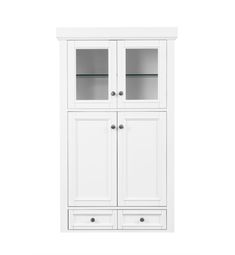 a white cabinet with glass doors on the front and bottom shelves, against a white background