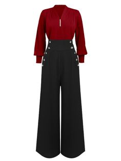 1930s Solid Blouse & Suspender Pants | Retro Stage Professional Outfits Women Office, 1920s Womens Fashion Pants, Vintage Pant Suits For Women, Old Fashion Women Clothes, Gray And Red Outfits For Women, 1930s Fashion Modern, 1940s Pants Women, Vintage Office Wear, 1950s Pants Women