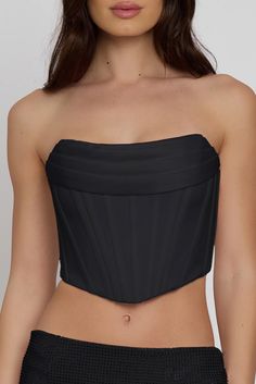 Surat Satin Strapless Corset Top - Black | LEAU Fitted Crop Top With Built-in Bra For Party, Evening Bandeau Fitted Corset, Fitted Bandeau Corset For Evening, Black Satin Corset With Sweetheart Neckline, Strapless Bandage Corset For Party, Satin Corset With Sweetheart Neckline For Night Out, Strapless Evening Corset With Boning, Evening Fitted Crop Top With Boned Bodice, Fitted Corset With Boning For Night Out