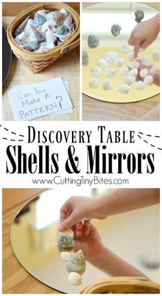 a collage of photos with shells and mirrors in them, including the words discovery table shells & mirrors