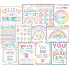 a variety of cards with rainbows and words