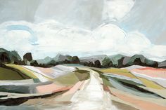 an abstract painting of a dirt road with mountains in the distance and cloudy skies above