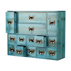 an old blue wooden cabinet with many drawers