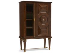 a wooden cabinet with glass doors and gold trimmings on the front, sitting against a white background