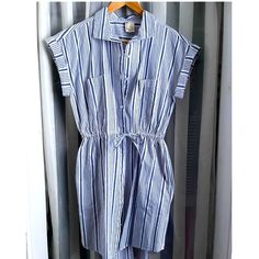 Never Worn. Navy And White Casual Cotton Dress. Fits Like A Small, Elastic Waist 28” Stretches To 36” Striped Cotton Beach Shirt Dress, Striped Cotton Shirt Dress For Beach, Summer Cotton Collared Dress, Casual Striped V-neck Shirt Dress, Casual Striped Shirt Dress With V-neck, Vacation Striped Shirt Dress With Buttons, Striped Shirt Dress With Buttons For The Beach, Striped Shirt Dress With Buttons For Vacation, Vacation Shirt Dress With Stripes And Buttons