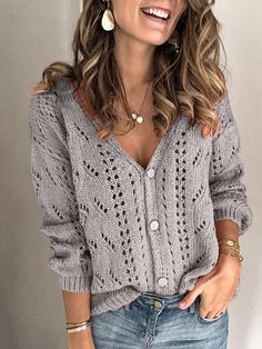 Women's Sweaters Solid Hollow V-Neck Button Knitted Sweater Cardigan Au Crochet, Crochet Cardigan Sweater, Winter Pullover, Vestidos Vintage, Lightweight Cardigan, Cardigan Fashion, Loose Sweater, Cute Sweaters, Fall Sweaters