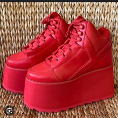 Red Leather Platforms, Open To Haggling Red Platform High-top Sneakers, Red Synthetic Platform Sneakers, Trendy Red Leather Sneakers, Red Platform Boots, Yru Shoes, Red Platform, Platform Boots, Air Jordan Sneaker, Red Leather