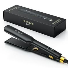 FETERVIC black and gold hair straightener with ceramic heater, 1.75" wide plate curved design, can be used at home or salon, straighten or curl hair anytime, anywhere.Save your time, create more stylish and dreamy hairstyles, make you more confident! Plate type: Titanium Screen display: Digital LCD Dual voltage: 100-240V Power: 72W Temperature setting: 150-450 -Professional keratin hair straightener with floating titanium plates. -The device has an LCD display for displaying the current informat Babyliss Pro Hair Straightener, Infrared Hair Straightener, Titanium Flat Iron, Professional Hair Tools, Hair Straighteners Flat Irons, Ceramic Heater, Keratin Hair, Curve Design, Gold Hair