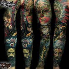 some very colorful tattoos on the legs and leg, with different faces in it's colors