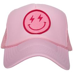 Hot Pink Lightning Smiley Face Foam Trucker Hat (Light Pink) Von Dutch Hat, Pink Lightning, Fuzzy Bucket Hat, North Face Hat, Dior Hat, Peaceful Vibes, Face Emoji, Straw Hat Beach, Gucci Hat