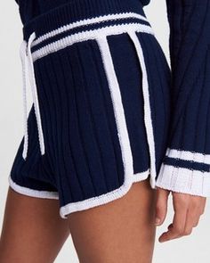 Serena Wool Blend Short - Navy | rag & bone Casual Knit Sweater With Contrast Stripes, Sporty Ribbed Spring Sweater, Sporty Ribbed Sweater For Spring, Casual Navy Merino Wool Sweater, Casual Merino Wool Sweater For Loungewear, Casual Fall Sweater With Contrast Trim, Casual Sweater With Contrast Trim For Fall, Sporty Knit Sweater For Spring, Sporty Spring Knit Sweater