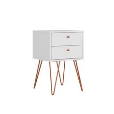 a white nightstand with two drawers and copper legs