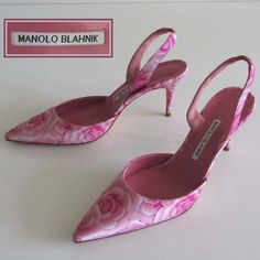 Beautiful Manolo Blahnik ( Style: Carolyne ) Floral-Print Slingback Pumps With Fabric Upper, Pointed Toe, Elasticized Slingback Strap, Padded Insole, Leather Lining/Sole And 3 1/4" High Covered Heel. Size: 40 1/2 Or 10 1/2 ( Us ). Color: Pink ( See The Pictures ). Handmade In Italy. Condition: Brand New ( Never Worn, Tried On Once Or Twice Only ). No Box And Dust Bags Included. Hard To Find, Sold Out Everywhere! Designer Fitted Slingback Pumps For Summer, Luxury Slingback Pumps For Spring Wedding, Designer Fitted Slingback Pumps For Spring, Designer Pink Slingback Pumps For Formal Occasions, Elegant Pink Slingback Heels, Pink Manolo Blahnik Shoes, Manolo Blahnik Orchid Heels, Pink Slingback Pumps With 4-inch Heel And Ankle Strap, Luxury Pink Slingback Pumps With 4-inch Heel