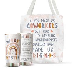 a tote bag and two cups are shown