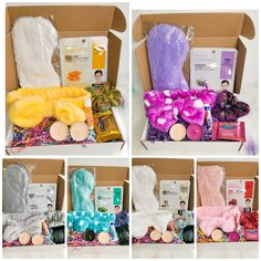 an assortment of items in a box including gloves, soaps, and other things