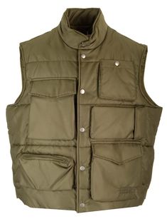 Padded vest from MM6 Maison Margiela, in khaki green quilted nylon, with crop design, multipocket, standing collar, snap buttons. Khaki Winter Vest With Pockets, Utility Vest With Side Pockets For Winter, Khaki Vest With Side Pockets For Fall, Winter Utility Vest In Khaki, Nylon Utility Jacket For Workwear, Sleeveless Utility Outerwear With Pockets, Utility Vest With Patch Pockets For Fall, Utility Vest With Cargo Pockets For Fall, Military Style Khaki Vest For Winter