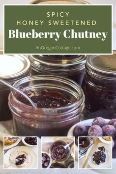 honey - sweetened blueberry chutney recipe in mason jars