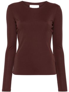 chestnut brown jersey texture crew neck long sleeves straight hem Brown Crew Neck Long Sleeve Top For Fall, Brown Long Sleeve Crew Neck Top For Fall, Brown Fitted Top With Ribbed Cuffs, Fitted Brown Tops With Ribbed Cuffs, Fitted Brown Top With Ribbed Cuffs, Brown Stretch Top With Ribbed Cuffs, Brown Fine Knit Turtleneck Top, Classic Brown Turtleneck Top, Classic Brown Fine Knit Top