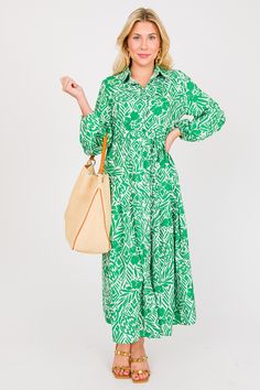 Tie Belted Floral Midi, Green - New Arrivals - The Blue Door Boutique Button-up Shirt Dress With Tie Waist For Day Out, Collared Shirt Dress With Tie Waist For Day Out, Spring Long Sleeve Maxi Dress With Belted Cuffs, Green Tie Waist Midi Dress For Work, Spring Button-up Dress With Belted Cuffs, Green Belted Shirt Dress For Daywear, Green Midi Dress With Tie Waist For Work, Green Belted Shirt Dress For Work, Casual Spring Shirt Dress With Belted Cuffs