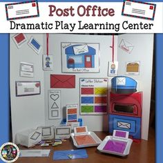 an image of post office dramatic play learning center with pictures on the wall and envelopes