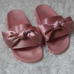 Pink Bow Slide Sandals Various Sizes Available Pink Party Slides For Summer, Chic Pink Flip Flops For Summer, Pink Sandals For Beach Season Parties, Pink Open Toe Slides For Summer, Pink Sandals For Beach Party, Chic Pink Flip Flops For Beach, Chic Pink Slides For Summer, Casual Slides For Summer Parties, Casual Party Slides For Summer