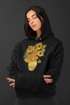 Sunflowers - Vincent Willem van Gogh * 50% pre-shrunk cotton, 50% polyester * Fabric weight: 8.0 oz/yd² (271.25 g/m²) * Double-lined hood with matching drawcord * 1x1 athletic rib-knit cuffs and waistband with spandex * Front pouch pocket Printing technique - Direct to Garment Care instructions: * Machine wash cold, inside-out, gentle cycle with mild detergent and similar colors. Use non-chlorine bleach, only when necessary. No fabric softeners. * Tumble dry low, or hang-dry for longest life * C Artistic Hooded Hoodie For Fall, Artistic Long Sleeve Hoodie For Fall, Artistic Long Sleeve Sweatshirt For Winter, Artistic Long Sleeve Winter Sweatshirt, Artistic Cotton Hooded Hoodie, Artistic Cotton Hoodie, Artistic Graphic Print Hoodie For Winter, Aesthetic Cotton Hooded Hoodie, Aesthetic Winter Hoodie Sweatshirt