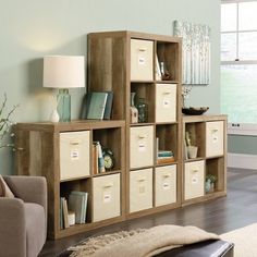 a living room filled with lots of furniture and storage boxes on top of it's shelves