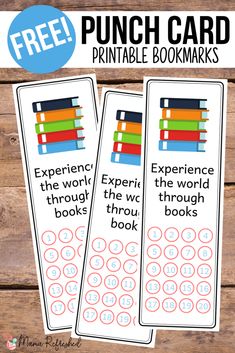 two printable bookmarks with the words punch card and an image of books on them