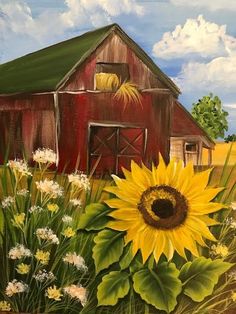 a painting of a sunflower in front of a barn