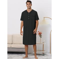 Introducing this collection of short-sleeved henley nightshirts that are designed with simplicity and style in mind. These solid-colored nightwear pieces are fashionable, comfortable, and free to wear. The loose-fit design allows you to move around with ease while keeping you cozy at the same time. These versatile nightgowns are perfect for wearing during your free time, family gatherings, dinner parties, or simply as your daily wear at home. Get ready to elevate your sleepwear game with this he Solid Color Short Sleeve Sleepwear For Night, Solid Short Sleeve Sleepwear, Solid Short Sleeve Sleepwear For Night, Black Cotton Nightgown For Loungewear, Casual Black Short Sleeve Nightgown, Black Short Sleeve Casual Nightgown, Black Cotton Short Sleeve Sleepwear, Black Short Sleeve Cotton Sleepwear, Black Short Sleeve Sleepwear For Loungewear