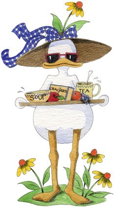 a duck wearing a hat and sunglasses holding a tray with food in it's hands