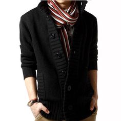 New Autumn Front Button Cardigan Stand Collar Sweaters for Men Coat Winter Warm Knitwear Clothing Men Coat Winter, Slim Cardigan, Men Coat, Fitted Jumper, Mens Cardigan Sweater, Sweaters For Men, Solid Color Sweater, Look Rock, Men's Sweaters