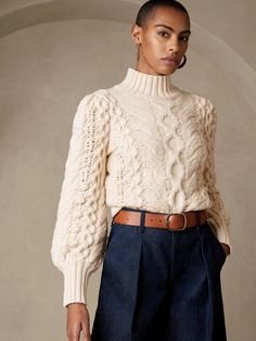 Ticino Puff-Sleeve Sweater | Banana Republic Heavy Knit Sweater, Knitwear Inspiration, Sweater Outfits Fall, Aran Sweater, Puff Sleeve Sweater, Womenswear Fashion, Knit Sweaters, Puff Long Sleeves, How To Purl Knit