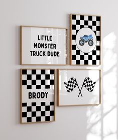 three framed pictures hang on the wall in front of a white wall with black and white checkered squares