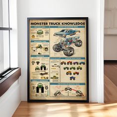 the monster truck knowledge poster is displayed in an empty room with wood floors and white walls