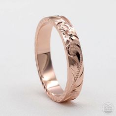 Rose Gold Wedding Rings In Hawaii Traditional design rose gold wedding rings made in Hawaii, perfect for couples who love Hawaii style design with classy look and feel. 100% handmade. Engraved with Hawaii's Plumeria flower and Maile leaf. Popular design as promise ring for couples. Handmade with 14K Rose gold. Ring width is 4mm. Lovin' Hawaii Jewelry Features Made to Order. Handmade in Hawaii. Hand engraved design. Gold Karat: 14 Karat Available Gold Color: Rose Gold / Yellow Gold / White Gold R Rose Gold Engraved Wedding Ring, Round Band, Rose Gold Engraved Diamond Cut Ring, Elegant Couple Rings With Engraving Option For Wedding, Elegant Wedding Couple Rings With Engraving Option, Rose Gold Bands With Diamond Cut For Promise, Rose Gold Diamond Cut Promise Ring Bands, Rose Gold Promise Ring With Polished Finish, Rose Gold Diamond Cut Promise Ring, Formal Rose Gold Engraved Ring