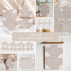 the baby shower mega bundle is shown in beige and white, with clouds on it