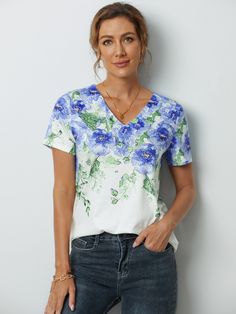 Casual Flower Printed V Neck Short Sleeve T-Shirt And Dresses, Women's Tops, Flower Prints, New Arrival, Dresses For Sale, On Sale, Womens Tops, V Neck, Pants