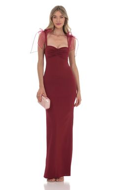 Shoulder Ties Maxi Dress in Maroon | LUCY IN THE SKY Maroon Semi Formal Dress, Burgandy Wedding Guest Dress, Maroon Wedding Guest Dress, Maroon Dresses Formal, Sunday Best Wedding Attire Guest, Dark Red Midi Dress, Maroon Evening Gown, Dark Red Maxi Dress, Engagement Party Outfit Guest