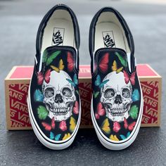 These black slip on Vans offer a custom skull and rainbow butterfly design. Get this design on white Vans: https://bit.ly/3OWqWQ0 We source each pair of blank shoes brand new directly from Vans. The ink is permanent and will never come off. Made in the USA. This price includes everything: shoes and artwork. Custom Vans Slip On Bad Bunny, Coustmize Vans, Monster Energy Custom Shoes, Custom Vans With Name, Drawn On Shoes For Men, Luxury Low-top Custom Sneakers For Skateboarding, Funny Shoes Custom, Custom Vans Sun And Moon, Custom Vans Slip On Lv