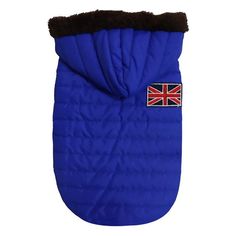 a blue dog coat with the british flag on it