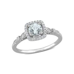 See her blush like never before when you give this delicate Halo Promise Ring. Mounted in lustrous sterling silver, this petite ring features a round-cut, prong-set aquamarine gemstone at the center with 24 round-cut, buttercup-set diamonds arranged in a halo design in a square motif. This elegant ring also features two round-cut, prong-set and four round-cut, pave-set diamonds with the latter placed in marquise motifs on the shank. Polished to brilliance, this enchanting ring will be her key to Square Halo Ring, Diamond Promise Ring, Eternity Ring Gold, Fan Jewelry, Petite Ring, Halo Design, Diamond Promise Rings, Kay Jewelers, Aquamarine Rings