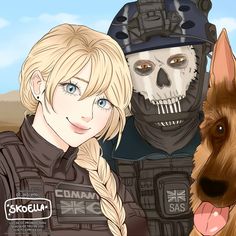 two people and a dog are in front of a cartoon character with a helmet on