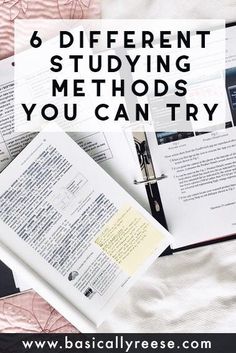 there are books and papers on the bed with text that reads 6 different studying method you can try