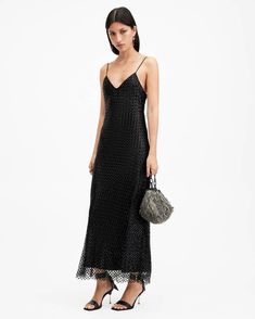 Chantelle Sequin Midi Slip Dress Black | ALLSAINTS US Slip Dress Black, Modest Fashion Winter, Midi Slip Dress, Christmas Jumper Dress, Winter Wedding Dress, Going Out Outfits, Leather Dresses, Maxi Dress Trend, Sweaters And Jeans