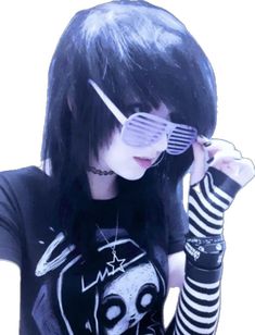 a girl with long black hair and sunglasses